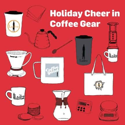 How to Gift Coffee and coffee Gear infographic with mugs, brewers and filters sketched